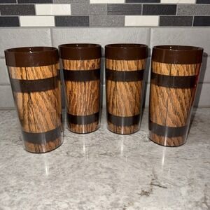 4 Vintage THERMO-SERV Insulated Tumblers Set Retro Old Oaken Bucket Barrel Brown